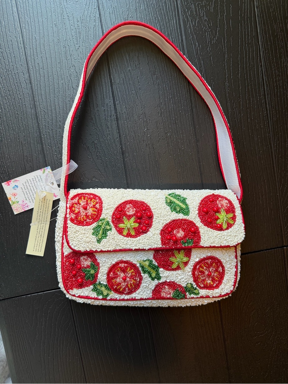 Beaded Tomato Pattern Shoulder Bag in White and Red